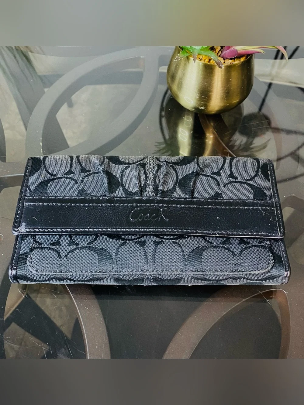 Coach Soho Black Signature Jacquard Pleated Wallet Checkbook Patent Trim Vintage